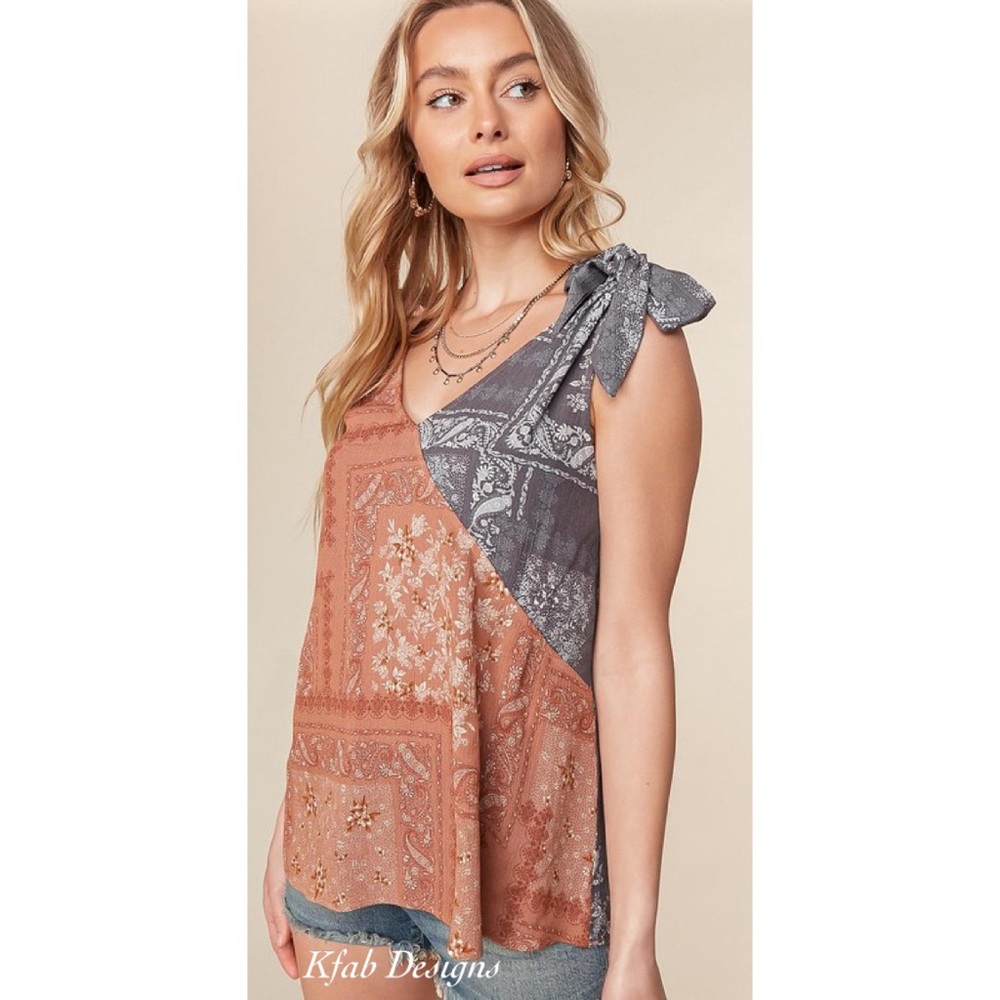 LAST 1! V Neck Boho Color Block Ruffle Woven Top! - Picture 8 of 9